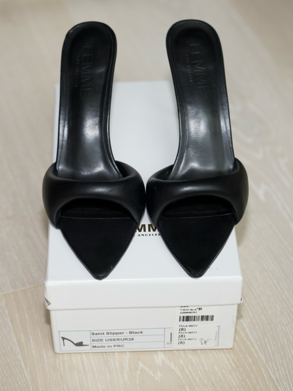 Femme Los Angeles Saint Slipper Black Pointed Toe Stiletto Mule‎ Heels SIZE 38 - Picture 11 of 13